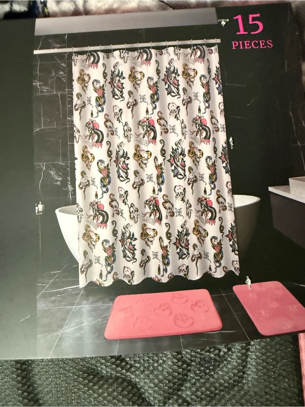 Ed Hardy Skull & Snake Shower Curtain Set in Pink